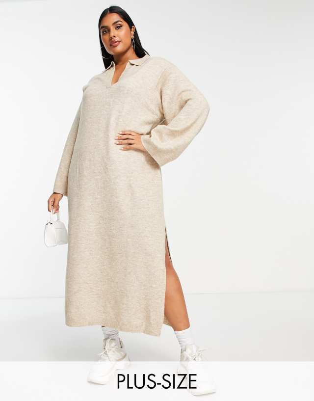 Pretty Lavish Curve knitted shirt midi dress in beige