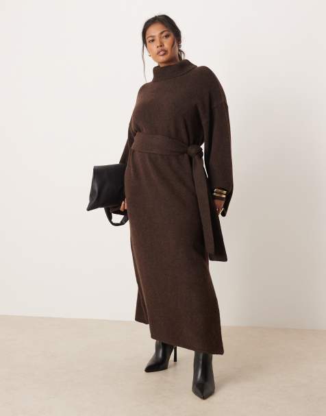 Pretty Lavish Curve knitted tie waist roll neck leg split midaxi dress in chocolate brown - view 1