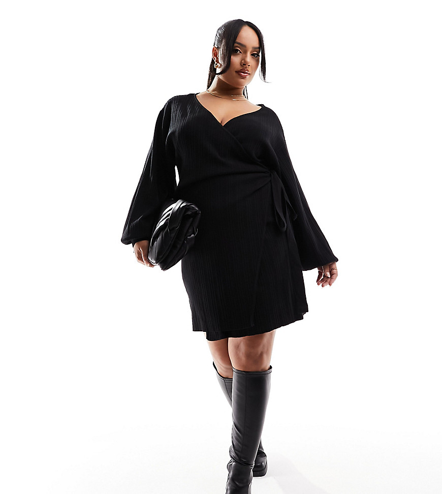 Pretty Lavish Curve knitted wrap mini dress in black