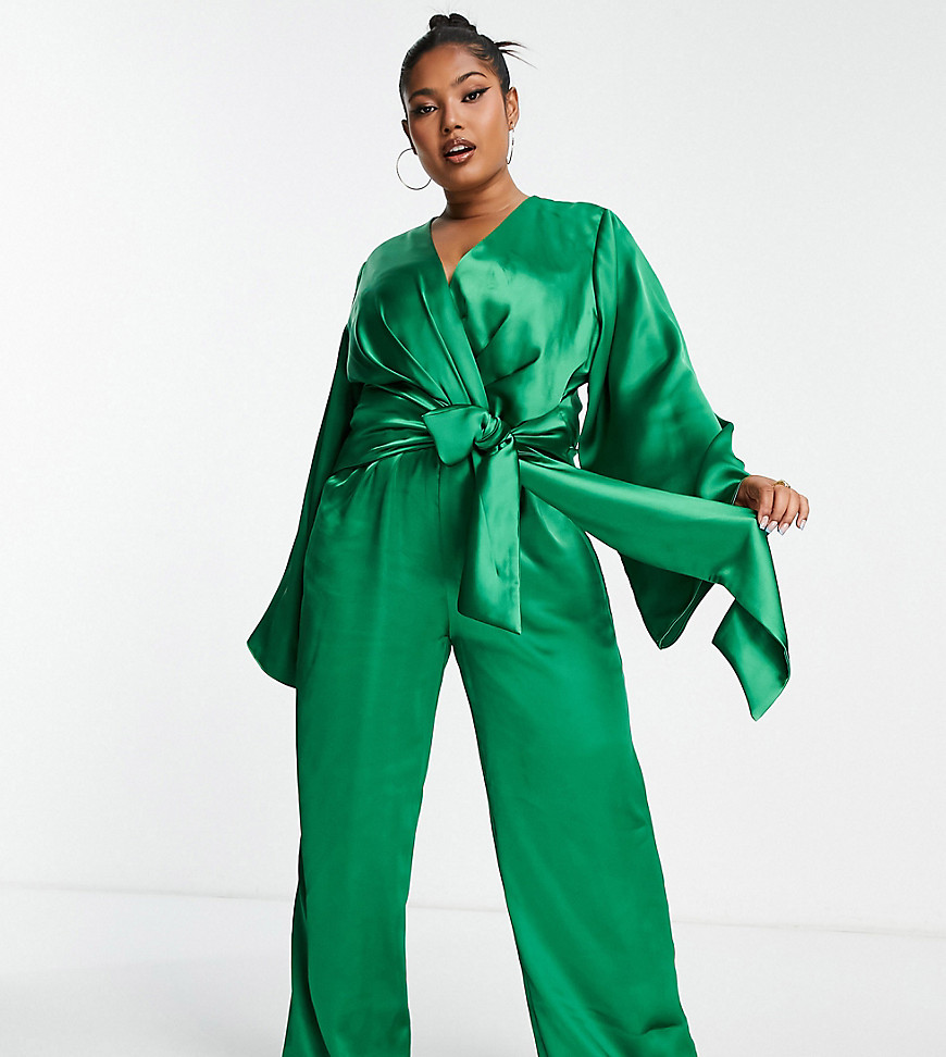 Pretty Lavish Curve knot front jumpsuit in emerald green