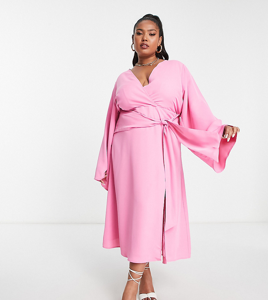 Pretty Lavish Curve Knot Front Plunge Midaxi Dress In Pink