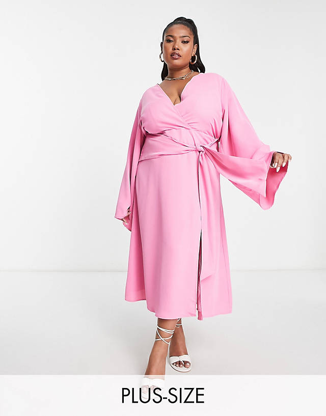 Pretty Lavish Curve - knot front plunge midaxi dress in pink