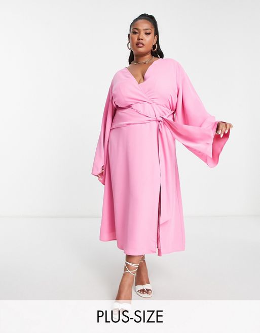 Pretty Lavish Curve knot front plunge midaxi dress in pink | ASOS