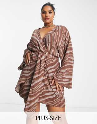 Pretty Lavish Curve knot front satin mini dress in brown stripe φωτογραφία