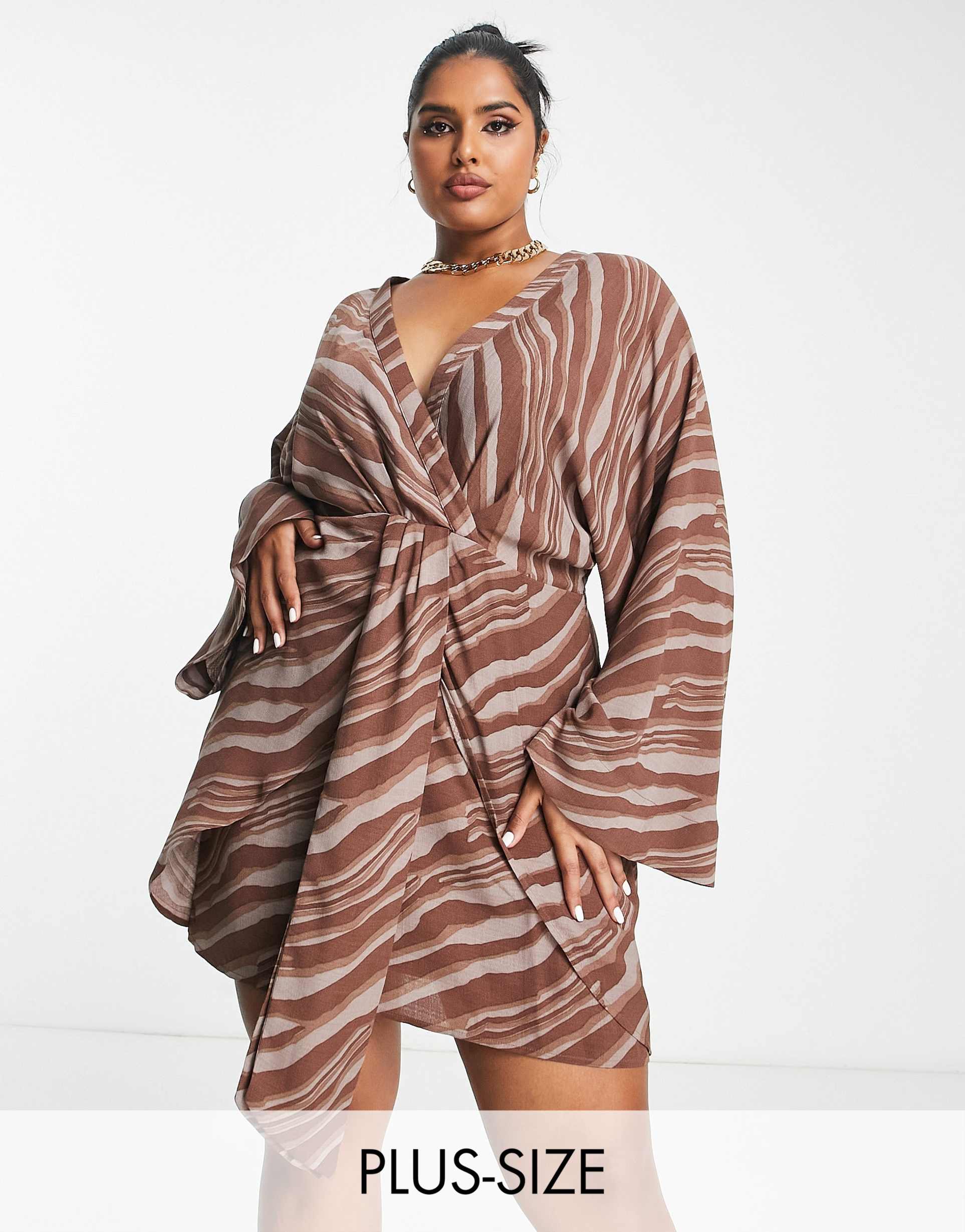 pretty lavish curve knot front satin mini dress in brown stripe