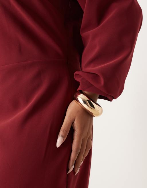 Pretty Lavish Curve – Langärmliges Midaxikleid in Weinrot mit tiefem Ausschnitt, 4 von 4