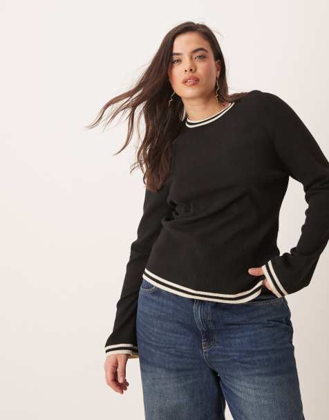 Pretty Lavish Curve – Langärmliges Strickoberteil mit Kontrastdesign in Schwarz und Weiß - view 1