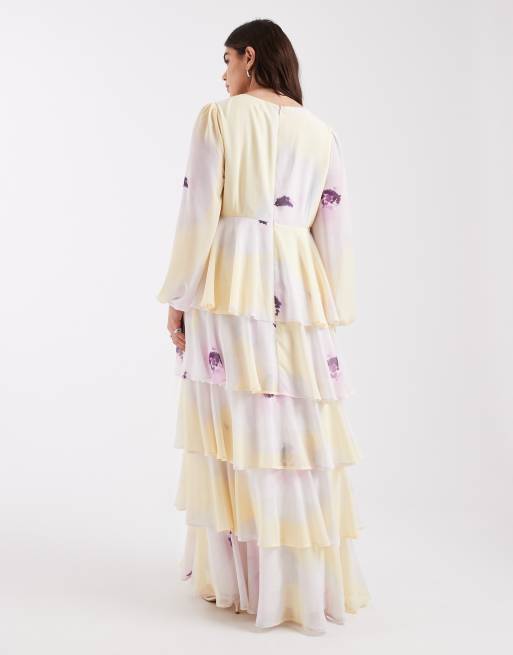 Pretty Lavish Curve – Lila och gul, blommig maxiklänning med volang, 2 av 4