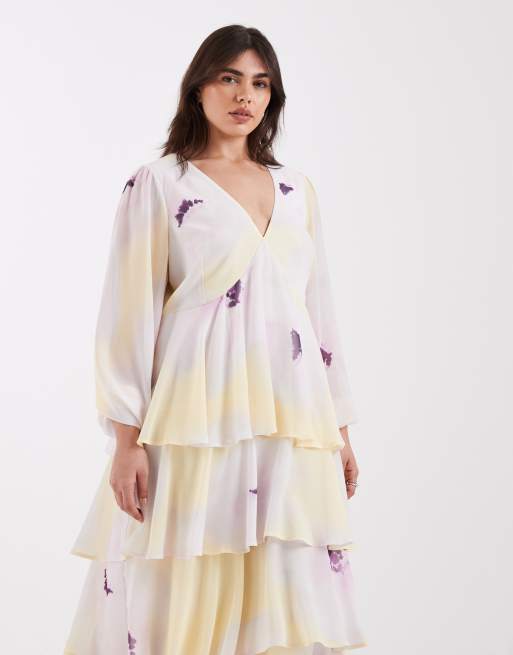 Pretty Lavish Curve – Lila och gul, blommig maxiklänning med volang, 3 av 4
