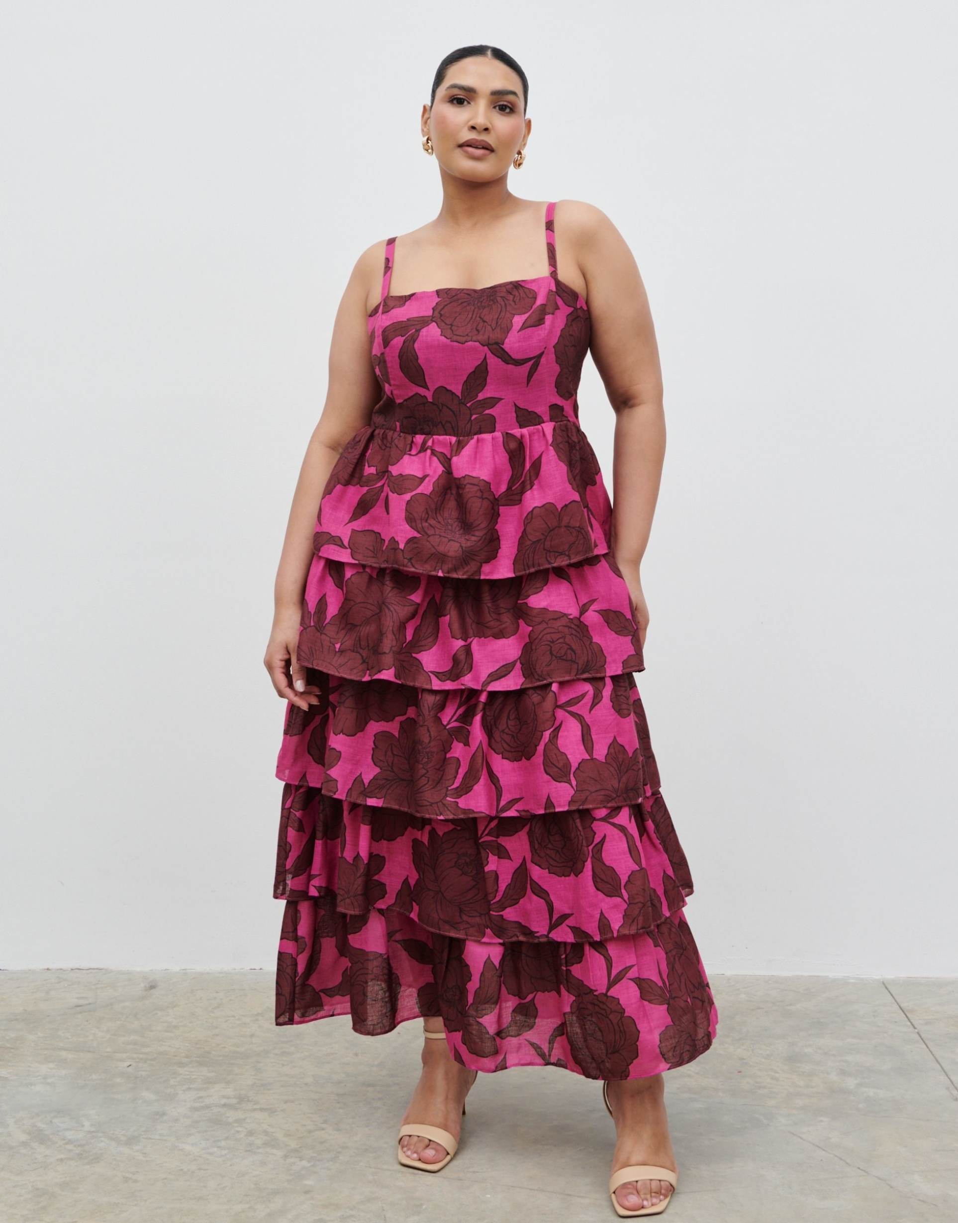 pretty lavish curve linen look tiered skirt maxi cami dress in brown and pink floral