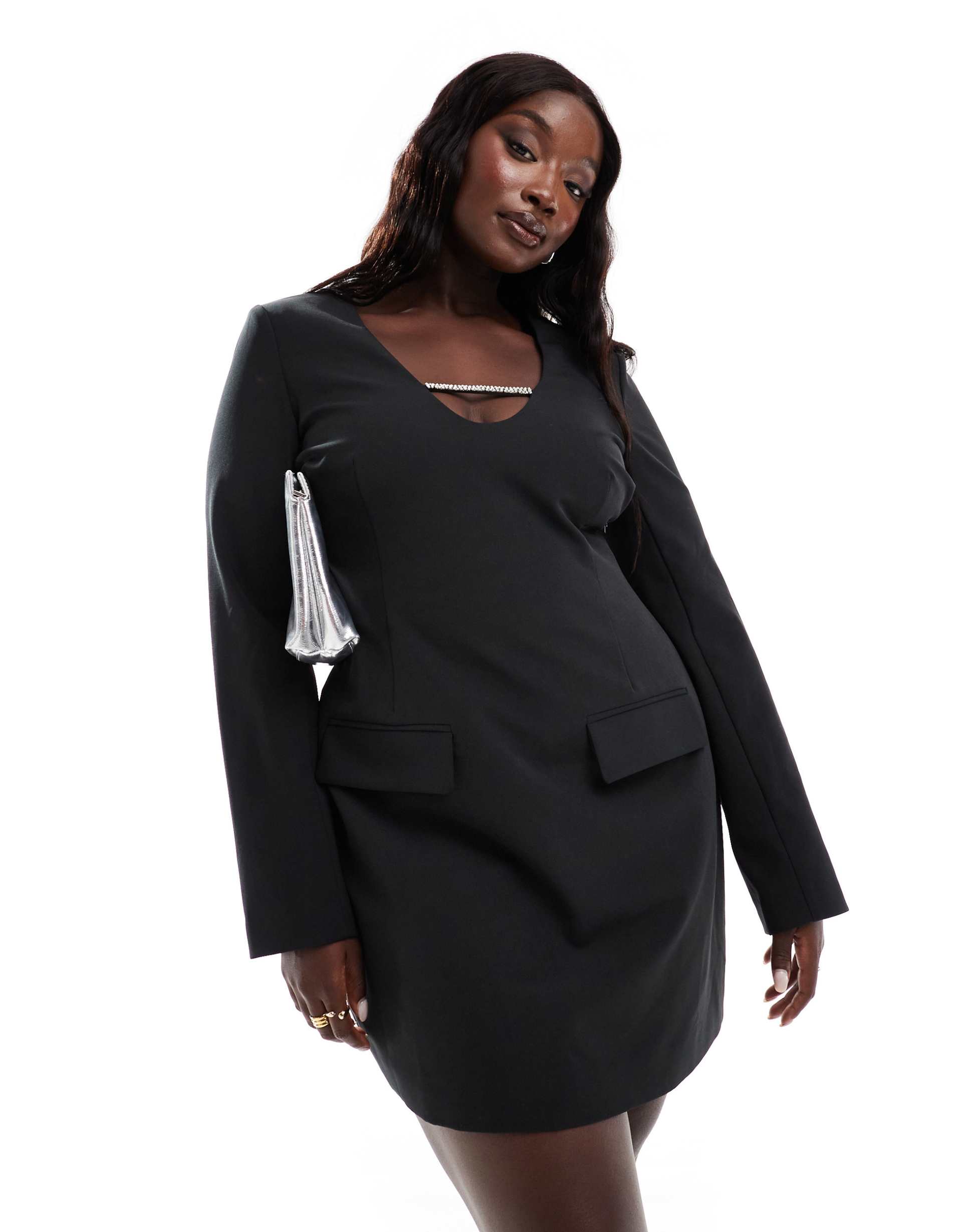 pretty lavish curve long sleeve embellished mini dress in black