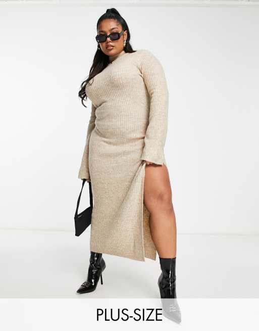 Pretty Lavish Curve long sleeve knit midi dress in beige