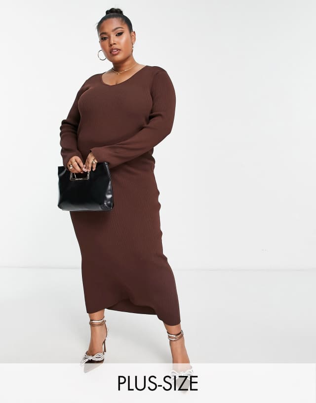 Pretty Lavish Curve long sleeve knit midi dress in chocolate brown