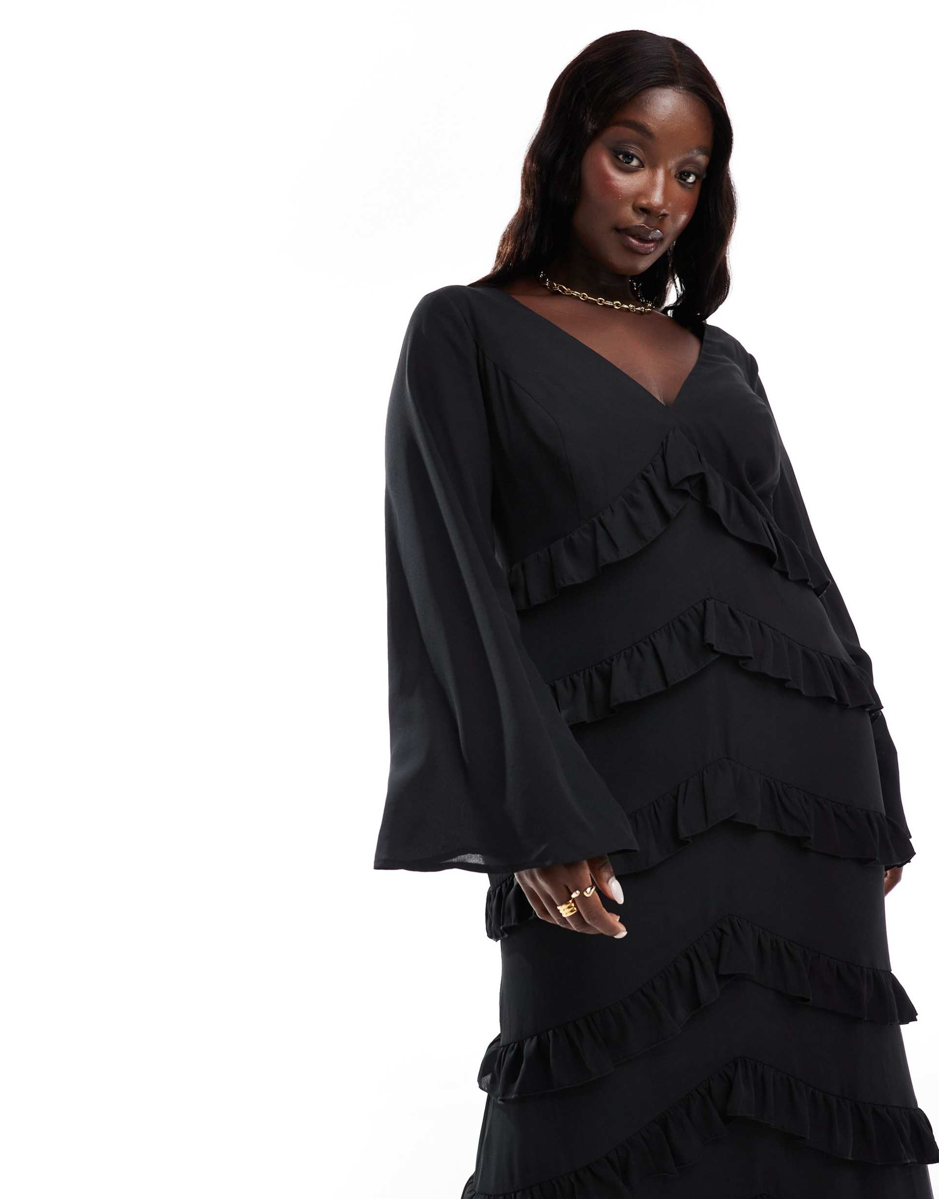 pretty lavish curve long sleeve ruffle maxi dress in black