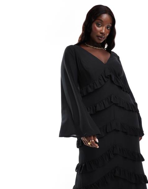 Pretty Lavish Curve long sleeve ruffle maxi dress in black