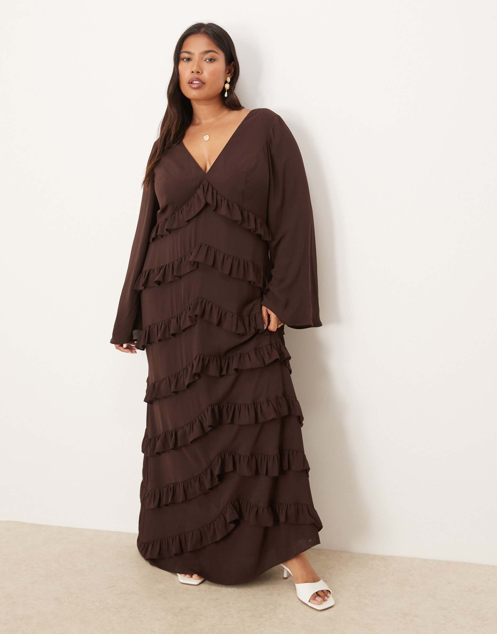 pretty lavish curve long sleeve ruffle maxi dress in chocolate