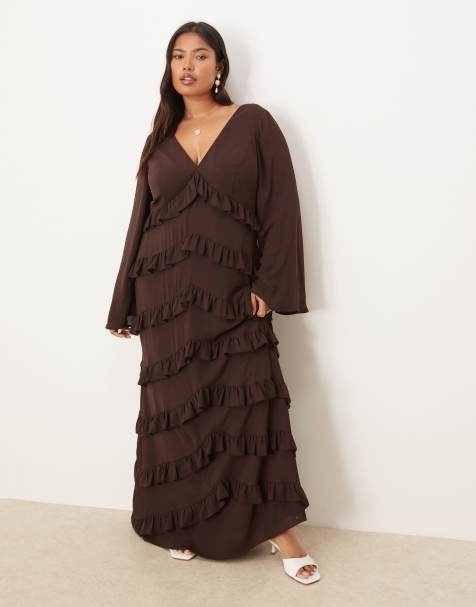Pretty Lavish Curve long sleeve ruffle maxi dress in chocolate