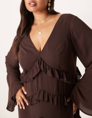 Pretty Lavish Curve Long Sleeve Ruffle Maxi Dress In Brown