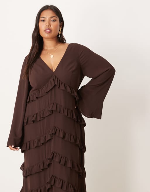 Pretty Lavish Curve long sleeve ruffle maxi dress in chocolate, 3 of 4