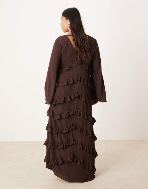 Pretty Lavish Curve long sleeve ruffle maxi dress in chocolate, 4 of 4