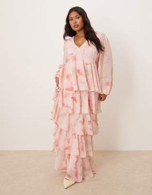 long sleeve ruffle maxi dress in pink and brown ombre