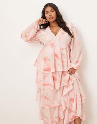 Pretty Lavish Curve Long Sleeve Ruffle Maxi Dress In Pink