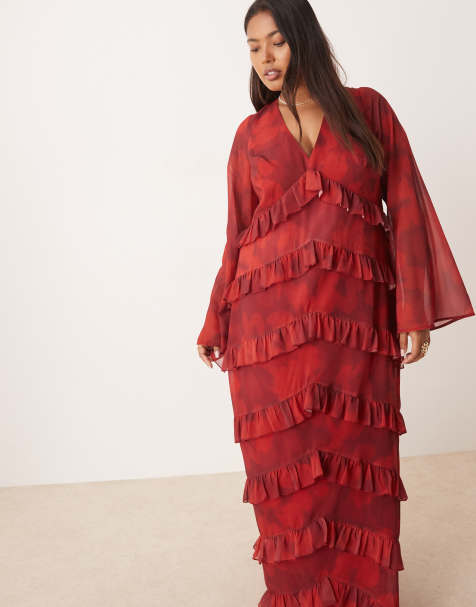 Pretty Lavish Curve long sleeve ruffle maxi dress in red abstract - view 1