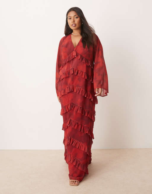 Pretty Lavish Curve long sleeve ruffle maxi dress in red abstract, 2 of 4