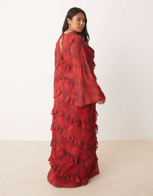 Pretty Lavish Curve long sleeve ruffle maxi dress in red abstract, 4 of 4