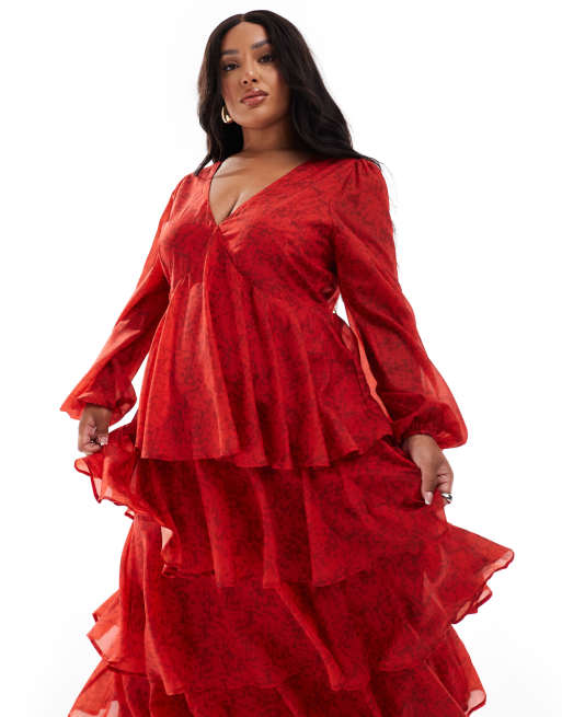Pretty Lavish Curve long sleeve tiered maxi dress in red