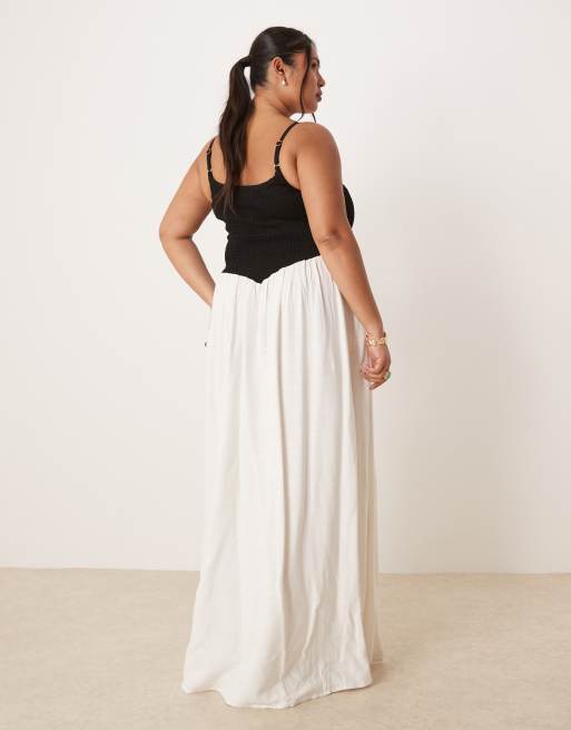 Pretty Lavish Curve Maude shirred contrast maxi dress in black and cream |  ASOS