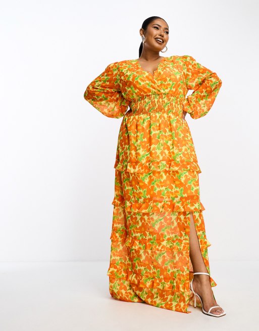 Pretty Lavish Curve - Maxi jurk met aangerimpelde taille en bloemenprint in oranje en geel