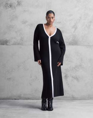 Pretty Lavish Curve - Maxikleid aus Strick in Schwarz mit kontrastierendem V-Ausschnitt