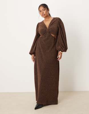 Pretty Lavish Curve - Maxikleid in schimmerndem Braun mit V-Ausschnitt, Ballonärmeln und Zierausschnitten-Brown
