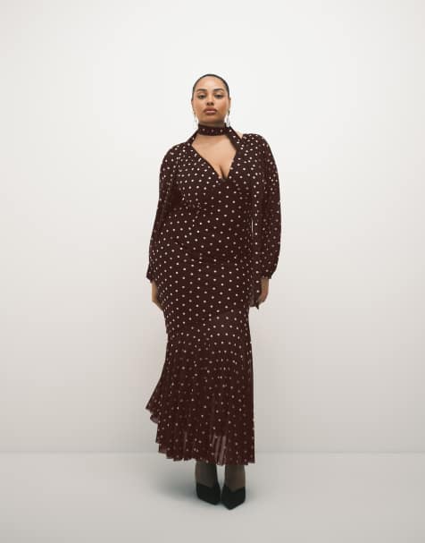Pretty Lavish Curve mesh scarf v neck maxi dress in brown polka dot print - view 1