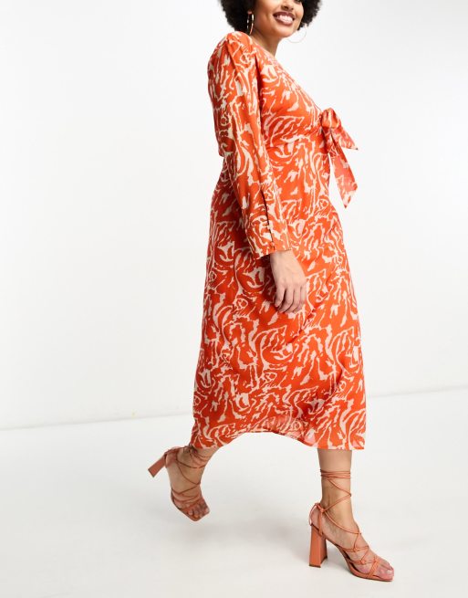 Pretty Lavish Curve - Midaxi-jurk met lange mouwen en strik voor in oranje zebraprint