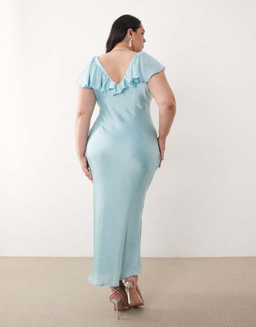 Pretty Lavish Curve – Midaxi-Kleid in Puderblau mit Rüschen, 4 von 4