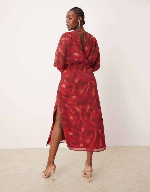Pretty Lavish Curve – Midaxi-Kleid mit rotem Muster und Ballonärmeln, 2 von 4
