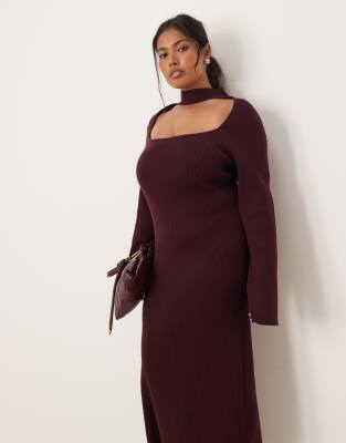 Pretty Lavish Curve - Midaxikleid aus Strick in Weinrot mit Zierausschnitt