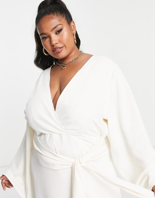 Pretty Lavish Curve – Midaxikleid in Ecru mit drapierter Vorderpartie und Schlitz, 3 von 4