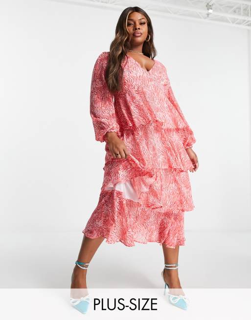 Pretty Lavish Curve - Midi-jurk met pofmouwen en stroken in rood met abstracte print