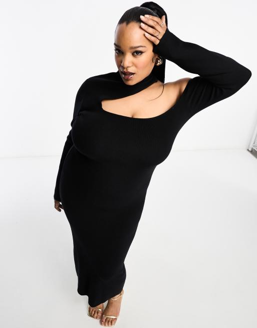Pretty Lavish Curve – Midi-Strickkleid in Schwarz mit Zierausschnitt