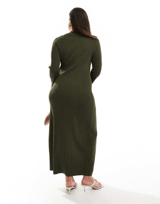 Pretty Lavish Curve – Midikleid aus olivgrünem Strickmaterial mit asymmetrischem Schnitt und Beinschlitz, 2 von 3