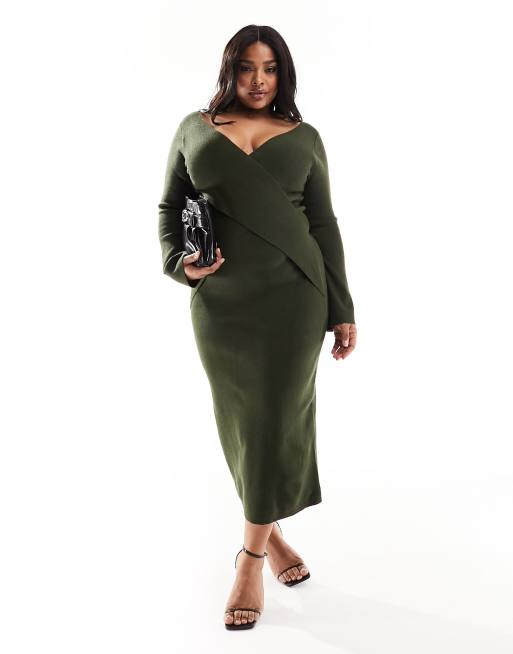 Pretty Lavish Curve – Oliwkowa dzianinowa sukienka maxi ze skrzyżowanym przodem