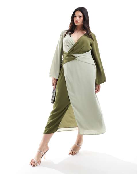 Pretty Lavish Curve knot front contrast midi dress in olive and sage
