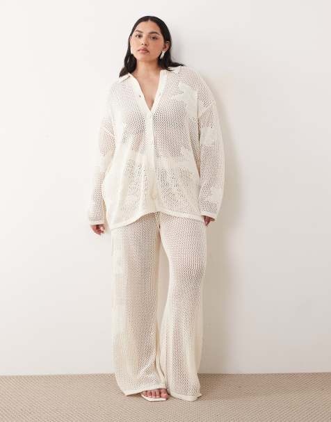 Pretty Lavish Curve open knit floral oversized shirt and pants set in cream - view 1