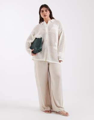Pretty Lavish Curve open knit floral oversized shirt in cream - part of a set