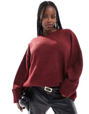 oversized borg sweater in burgundy-Red