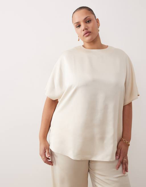 Pretty Lavish Curve - Østersfarvet sæt med oversized top og bukser med brede ben og bindebånd i taljen i satin, 3 af 3