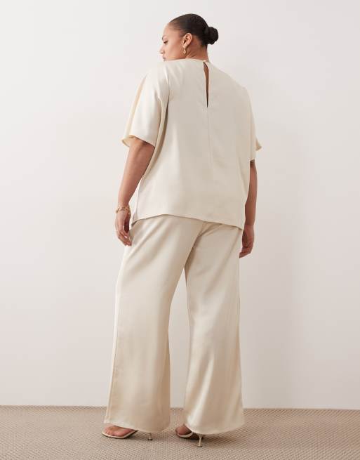 Pretty Lavish Curve - Pantalon d'ensemble ample en satin noué à la taille - Huître, 2 de 5